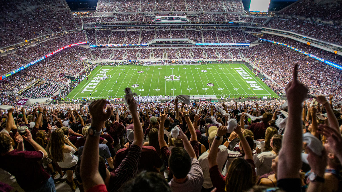 A packed Kyle Field explodes with cheering fans